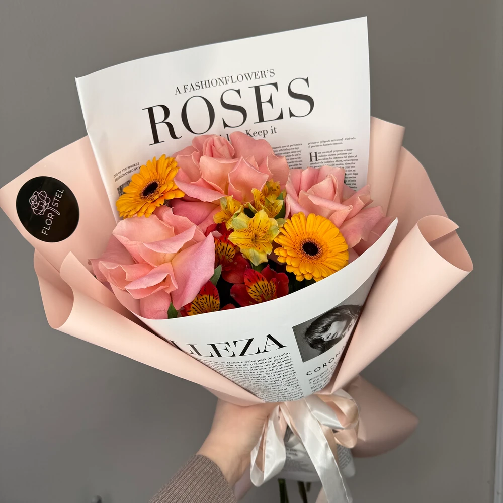 Букет из французских роз, альстромерий и Гербер 